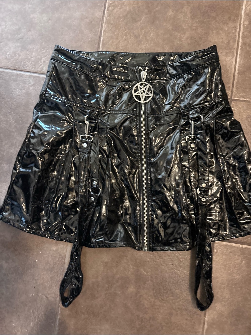 Killstar Black Glossy Pleated Vinyl Mini Skirt with Pentagram Zip